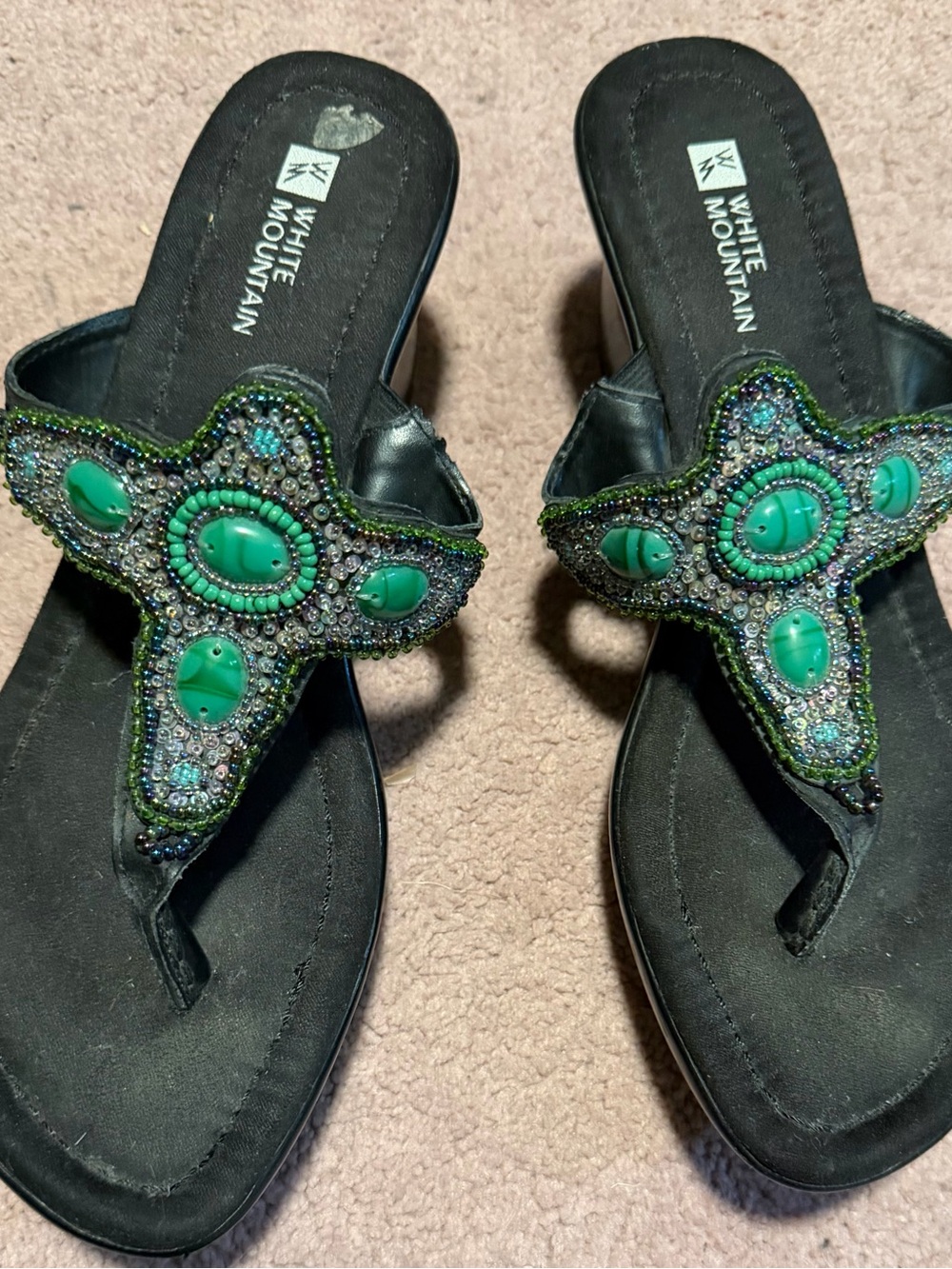 White Mountain Black Thong Sandals with Green Beaded Accents